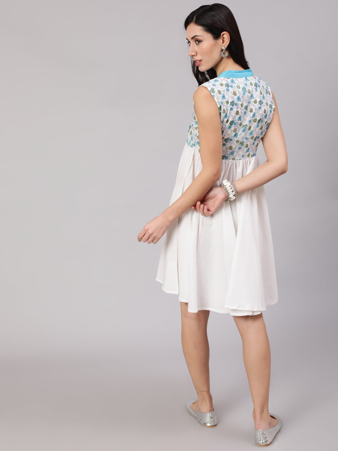 White & Blue Hand Block Print Short Dress - Elganza
