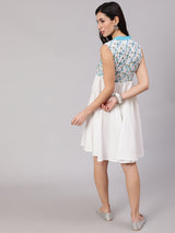 White & Blue Hand Block Print Short Dress - Elganza