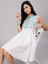 White & Blue Hand Block Print Short Dress - Elganza
