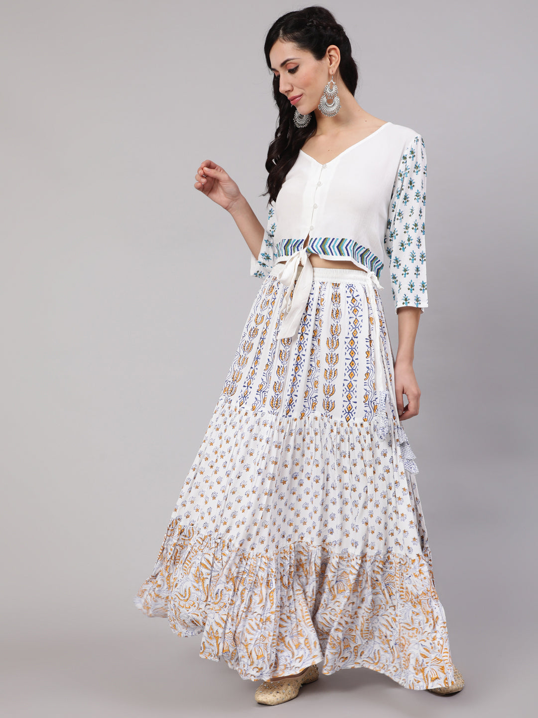 White Block Print Top