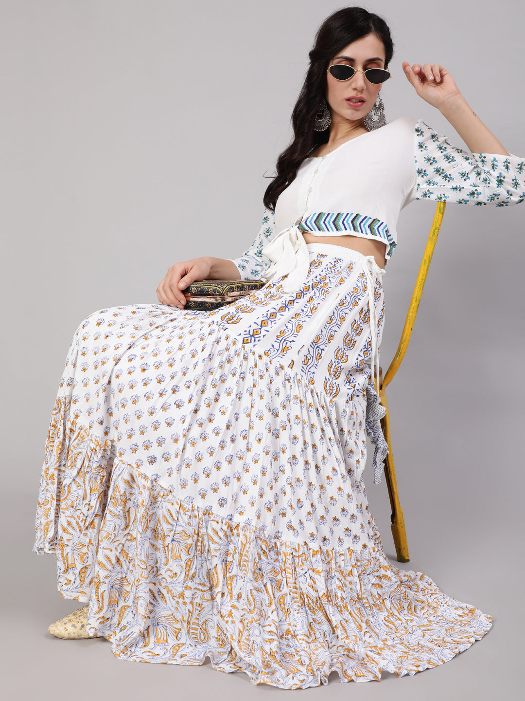 White Block Print Top