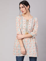 White Floral Print Straight Tunic - Elganza