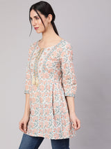 White Floral Print Straight Tunic - Elganza