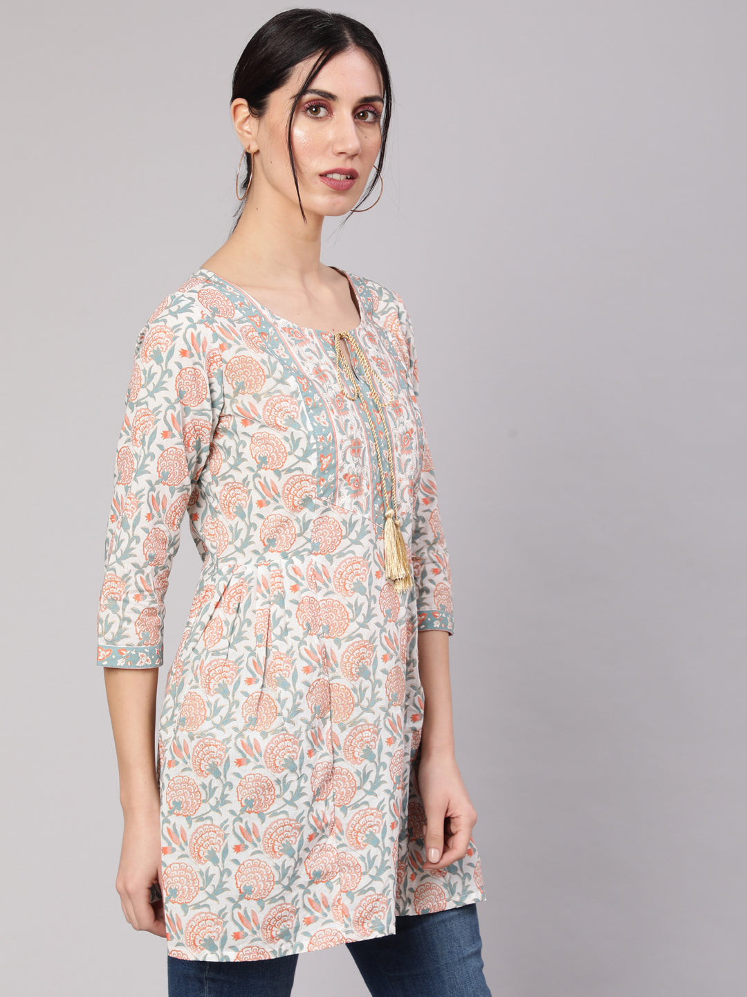 White Floral Print Straight Tunic - Elganza