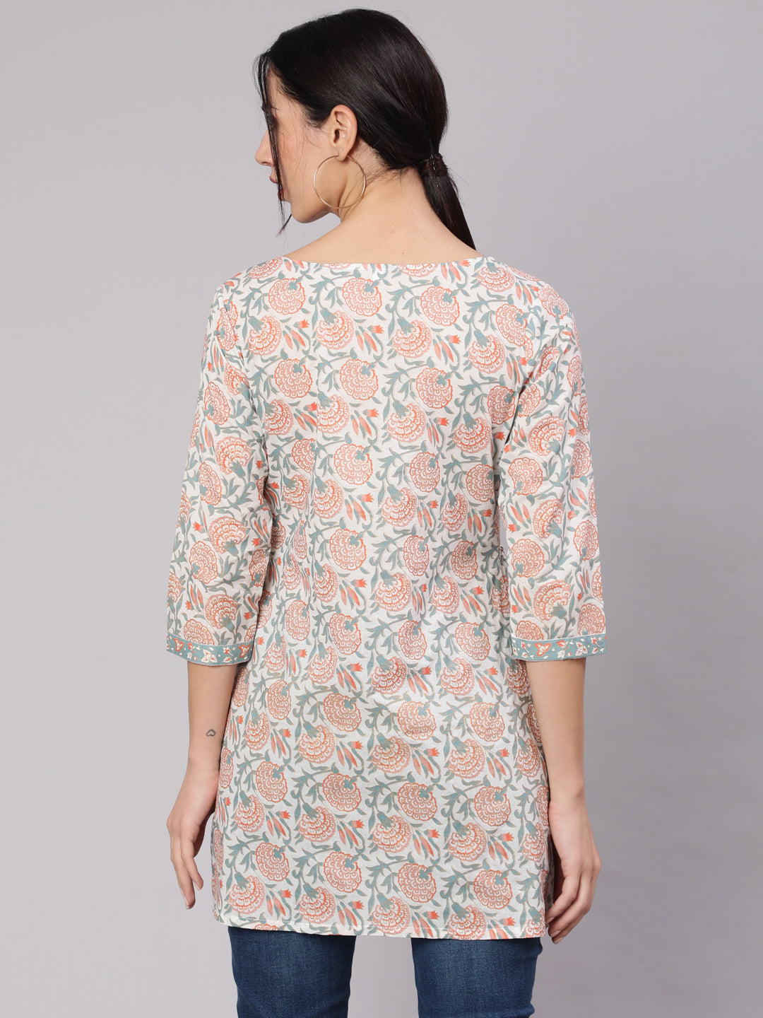 White Floral Print Straight Tunic - Elganza