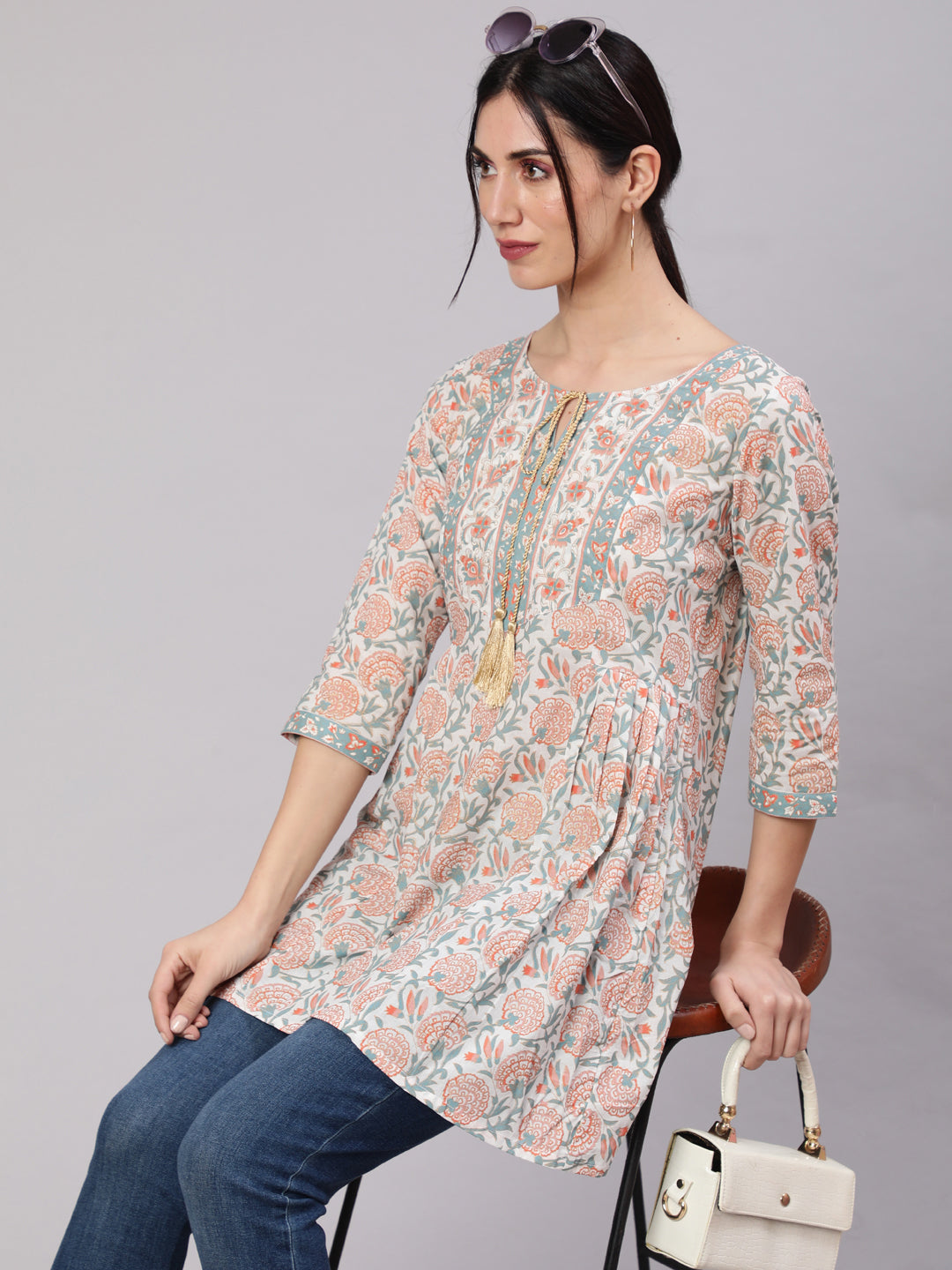 White Floral Print Straight Tunic - Elganza