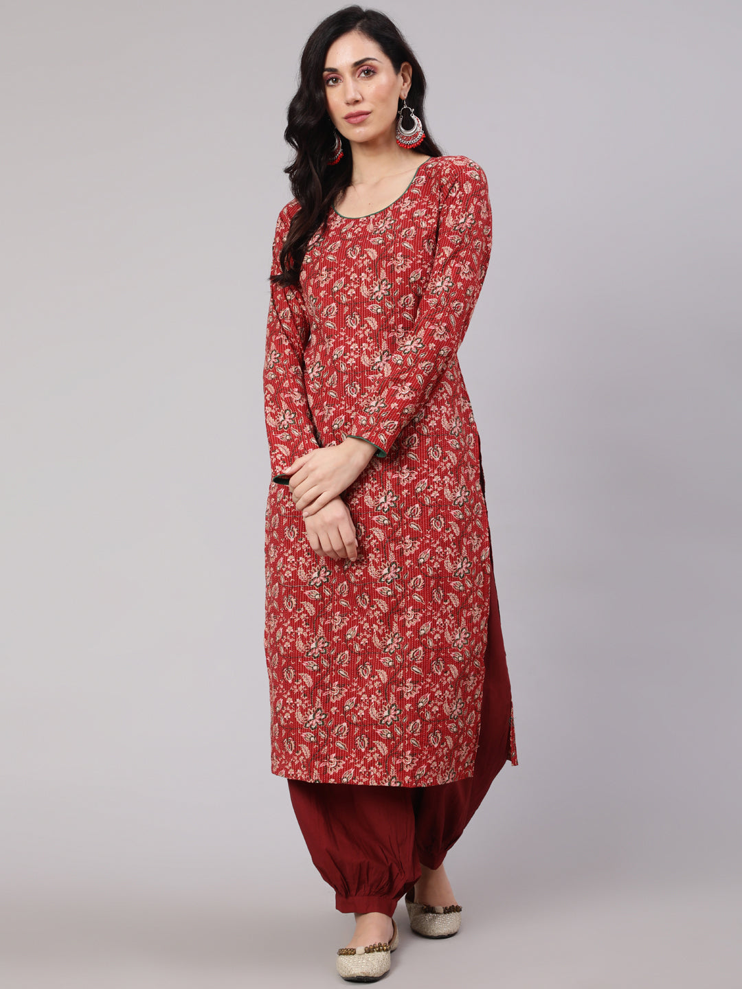 Red Floral Print Kantha Work Kurta - Elganza