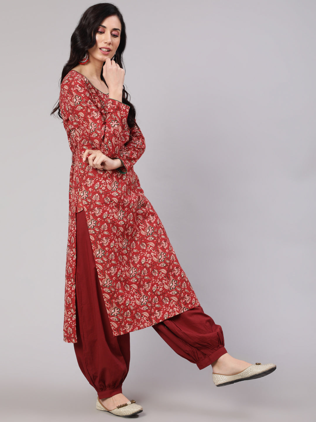 Red Floral Print Kantha Work Kurta - Elganza