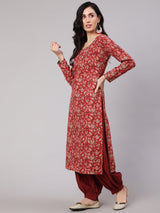 Red Floral Print Kantha Work Kurta - Elganza
