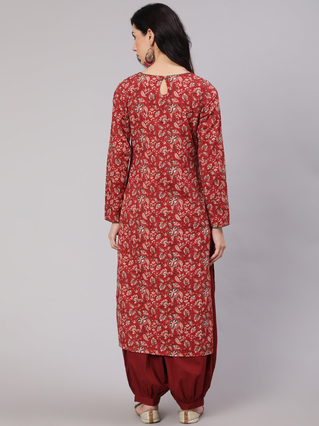 Red Floral Print Kantha Work Kurta - Elganza