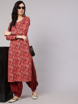 Red Floral Print Kantha Work Kurta - Elganza