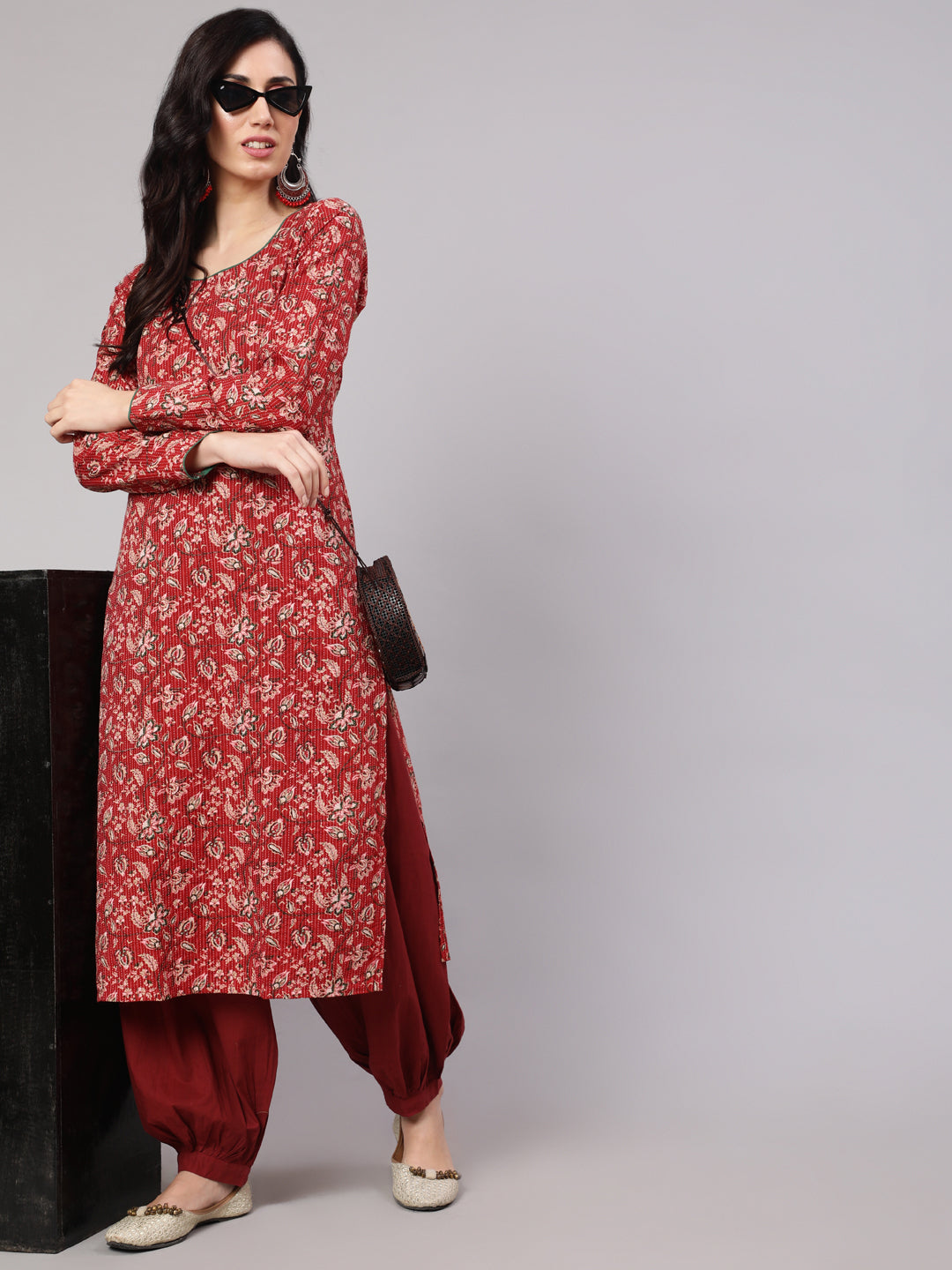 Red Floral Print Kantha Work Kurta - Elganza
