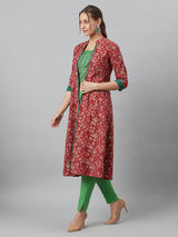 Maroon Floral Print Kantha Work A-Line Jacket - Elganza