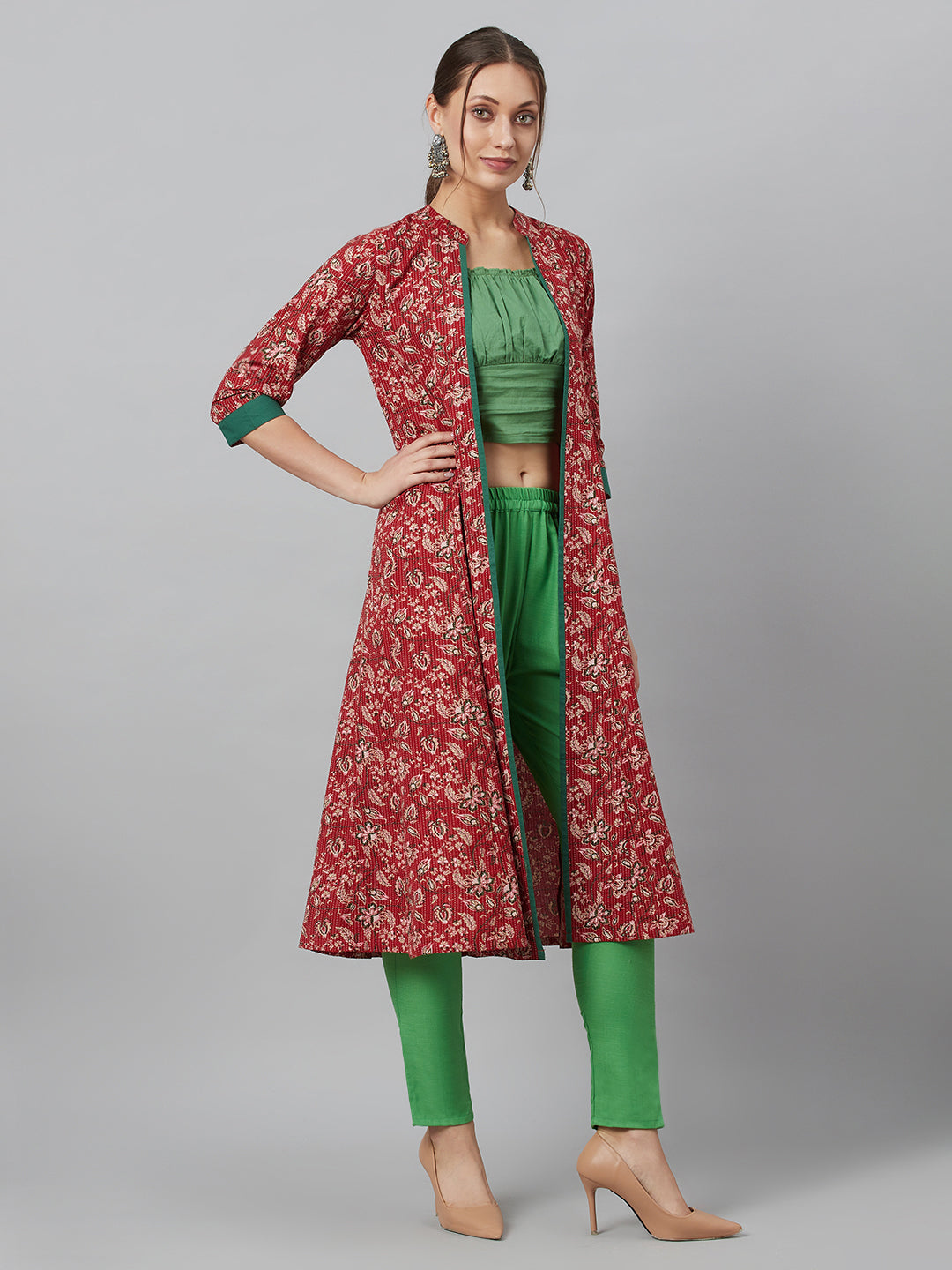 Maroon Floral Print Kantha Work A-Line Jacket - Elganza