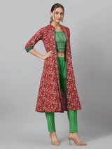 Maroon Floral Print Kantha Work A-Line Jacket - Elganza