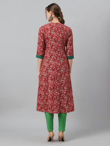 Maroon Floral Print Kantha Work A-Line Jacket - Elganza