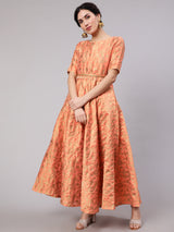 Orange Jacquard Zari Work Flared Maxi Dress - Elganza