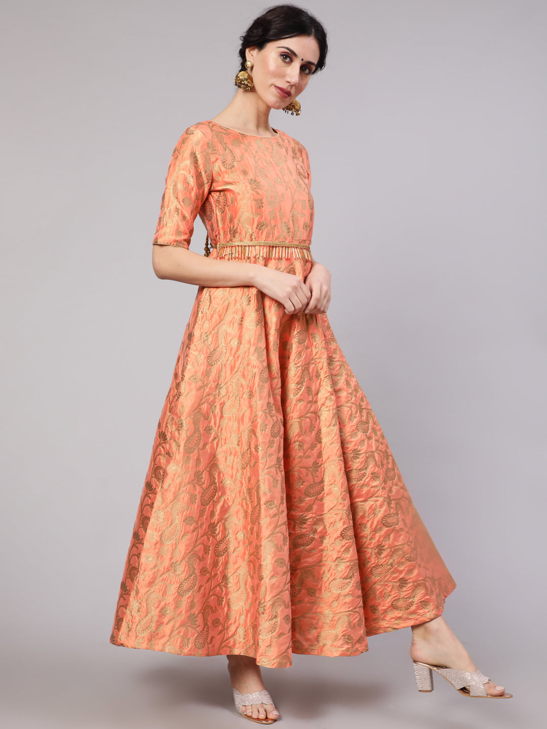 Orange Jacquard Zari Work Flared Maxi Dress - Elganza