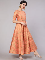 Orange Jacquard Zari Work Flared Maxi Dress - Elganza