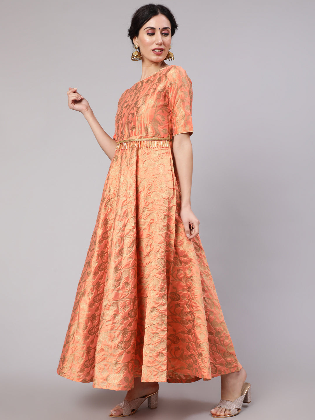 Orange Jacquard Zari Work Flared Maxi Dress - Elganza