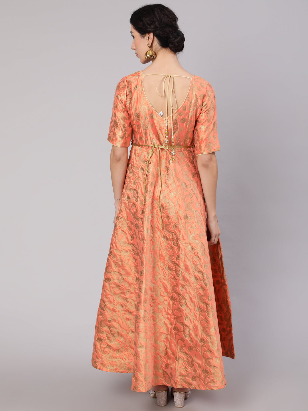 Orange Jacquard Zari Work Flared Maxi Dress - Elganza