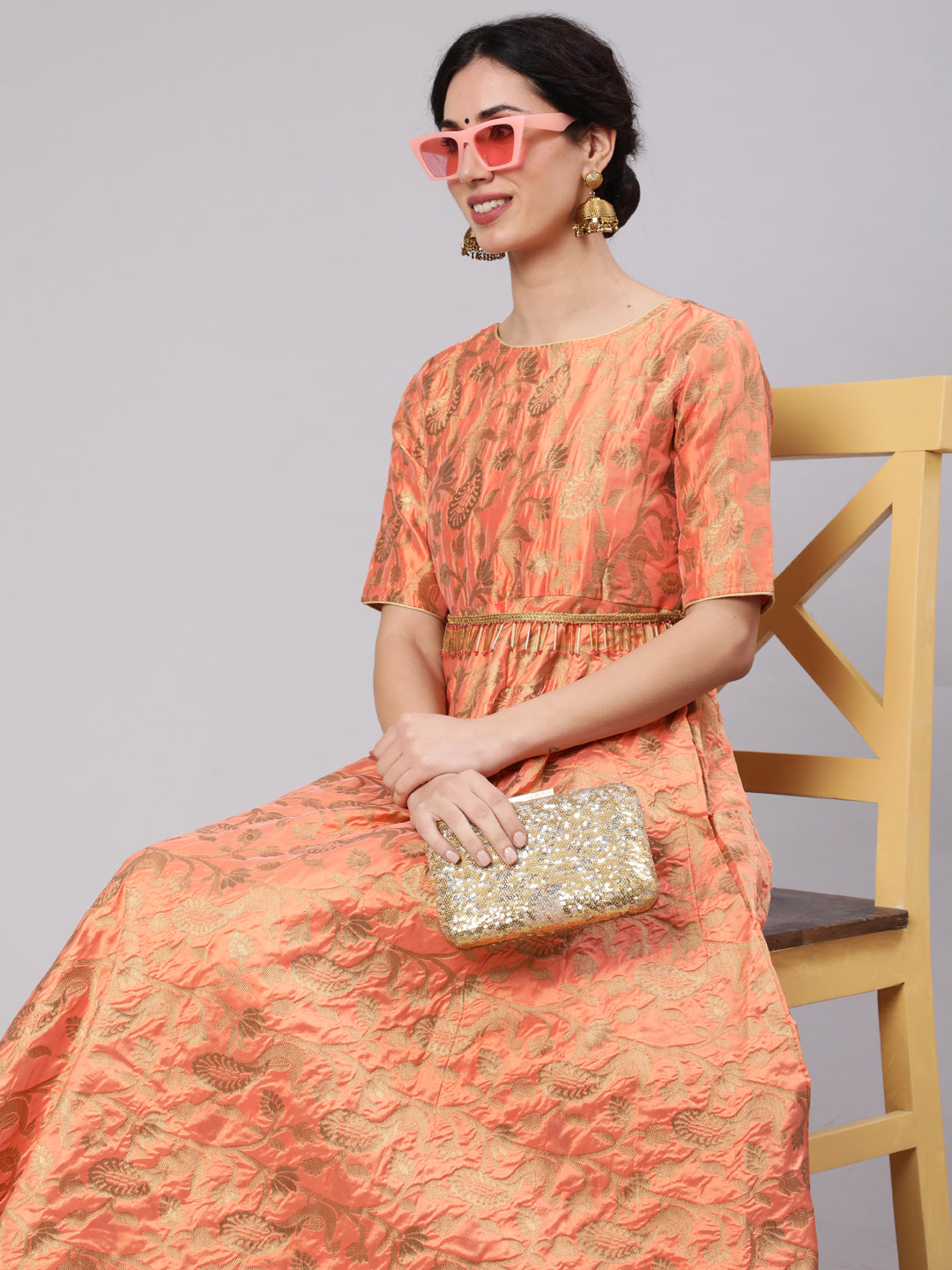 Orange Jacquard Zari Work Flared Maxi Dress - Elganza