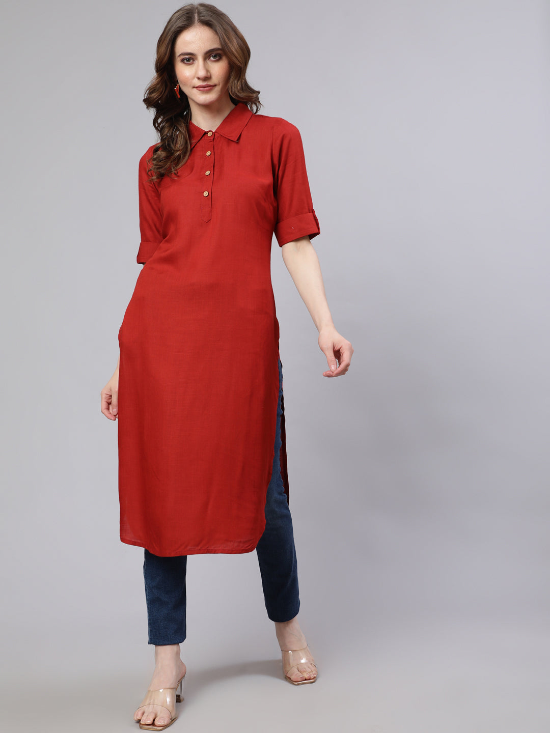 Red Pathani Straight Kurta - Elganza