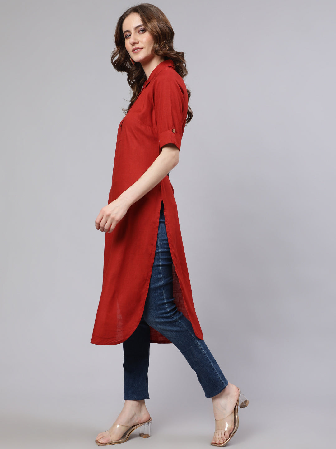 Red Pathani Straight Kurta - Elganza
