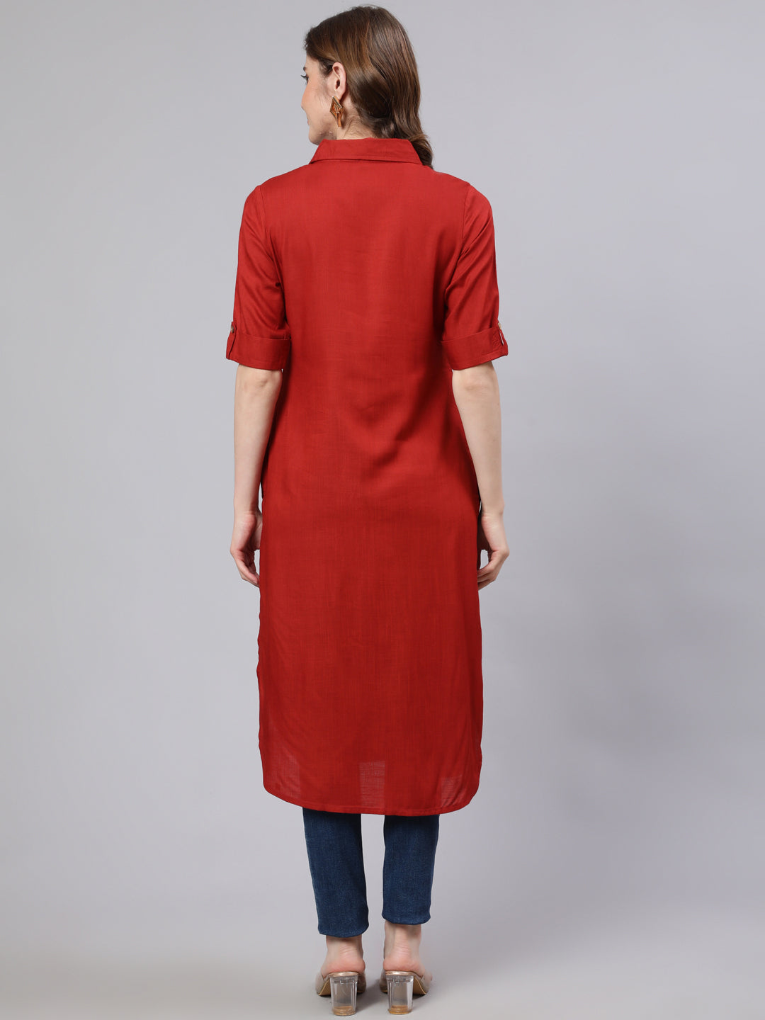 Red Pathani Straight Kurta - Elganza