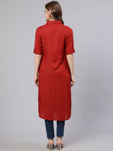 Red Pathani Straight Kurta - Elganza