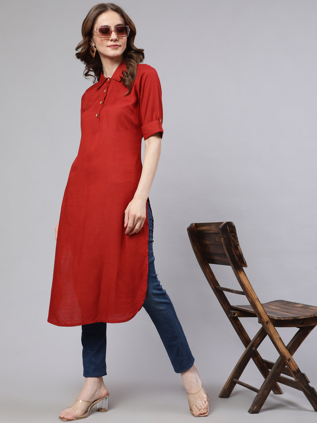 Red Pathani Straight Kurta - Elganza