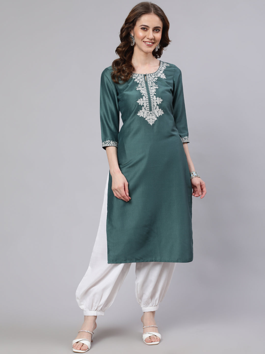Blue Embroidered Straight Kurta - Elganza