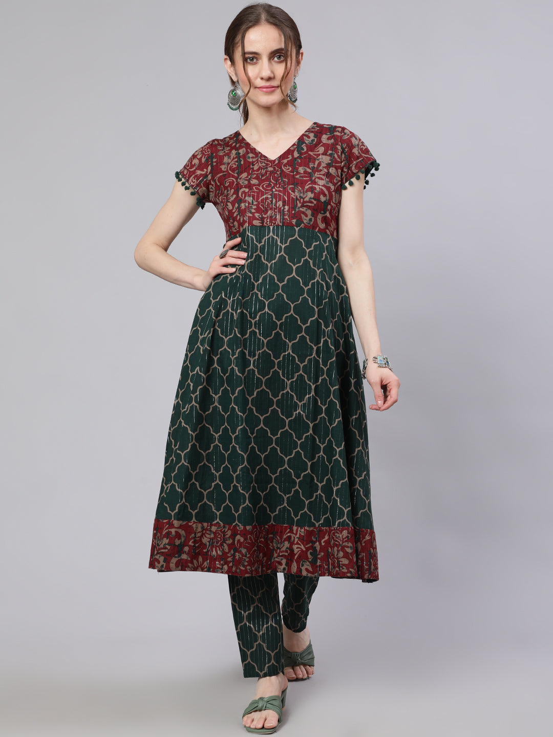 Green Printed Lurex Design Anarkali - Elganza