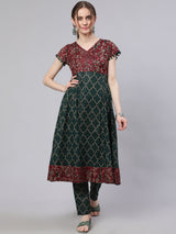 Green Printed Lurex Design Anarkali - Elganza