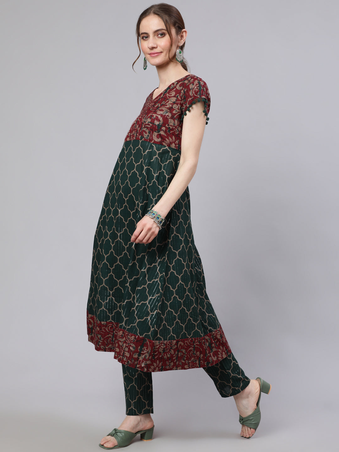 Green Printed Lurex Design Anarkali - Elganza