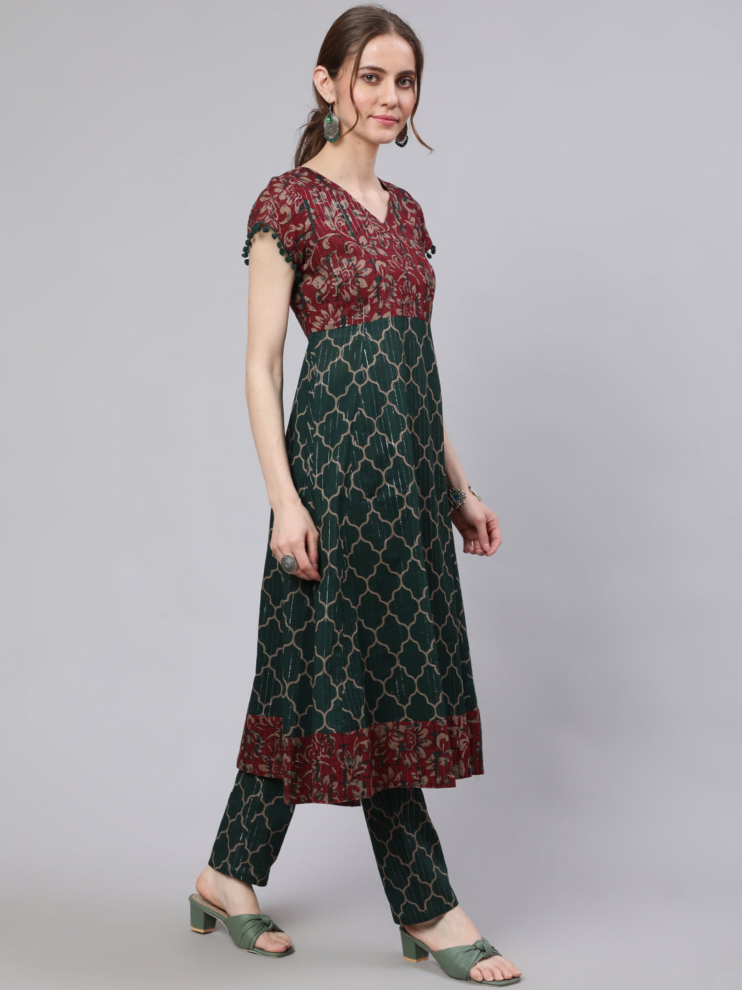Green Printed Lurex Design Anarkali - Elganza