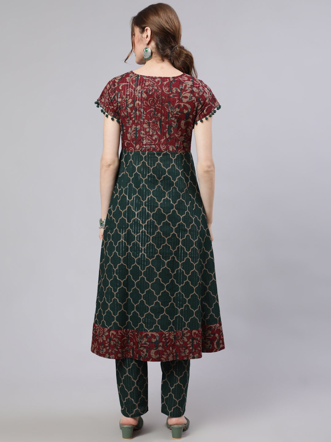 Green Printed Lurex Design Anarkali - Elganza