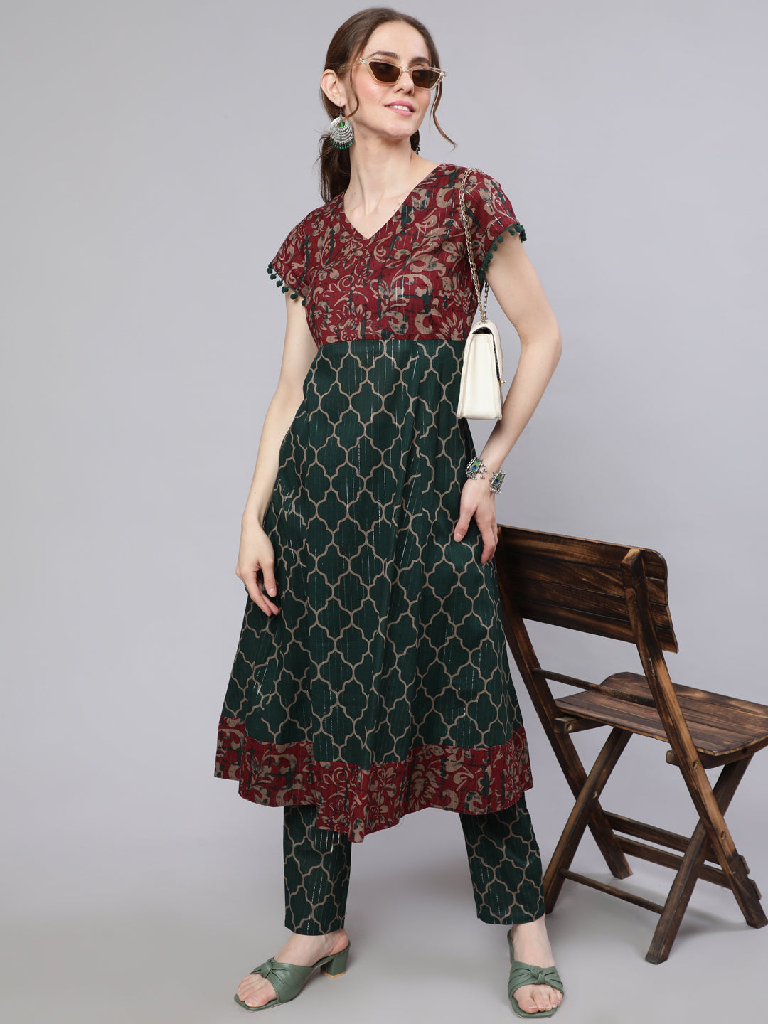 Green Printed Lurex Design Anarkali - Elganza