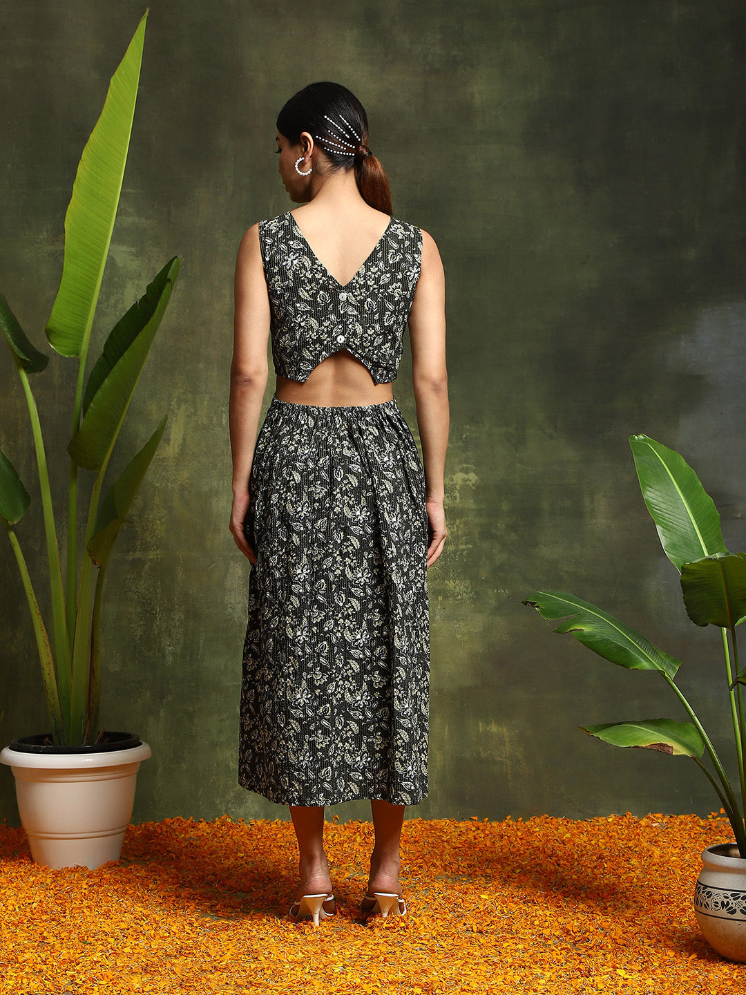Green Floral Print Cut-Out Midi Dress - Elganza
