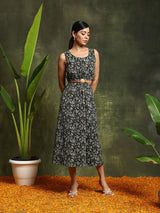 Green Floral Print Cut-Out Midi Dress - Elganza