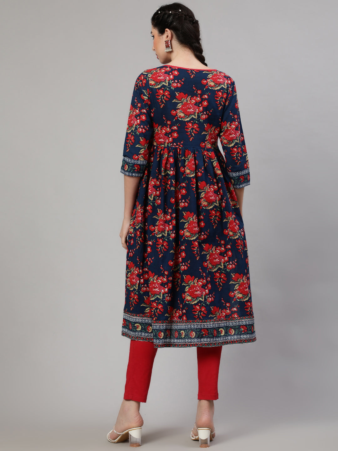 Navy Blue Floral Print Nyra-Cut Kurta - Elganza
