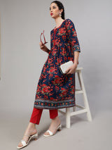 Navy Blue Floral Print Nyra-Cut Kurta - Elganza