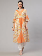 Orange Floral Print Gathered Kurta - Elganza