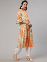 Orange Floral Print Gathered Kurta - Elganza