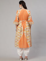 Orange Floral Print Gathered Kurta - Elganza