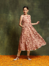 Beige & Rust Floral Print Anarkali - Elganza