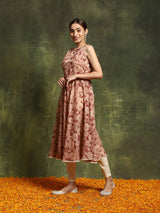 Beige & Rust Floral Print Anarkali - Elganza