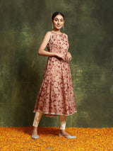 Beige & Rust Floral Print Anarkali - Elganza