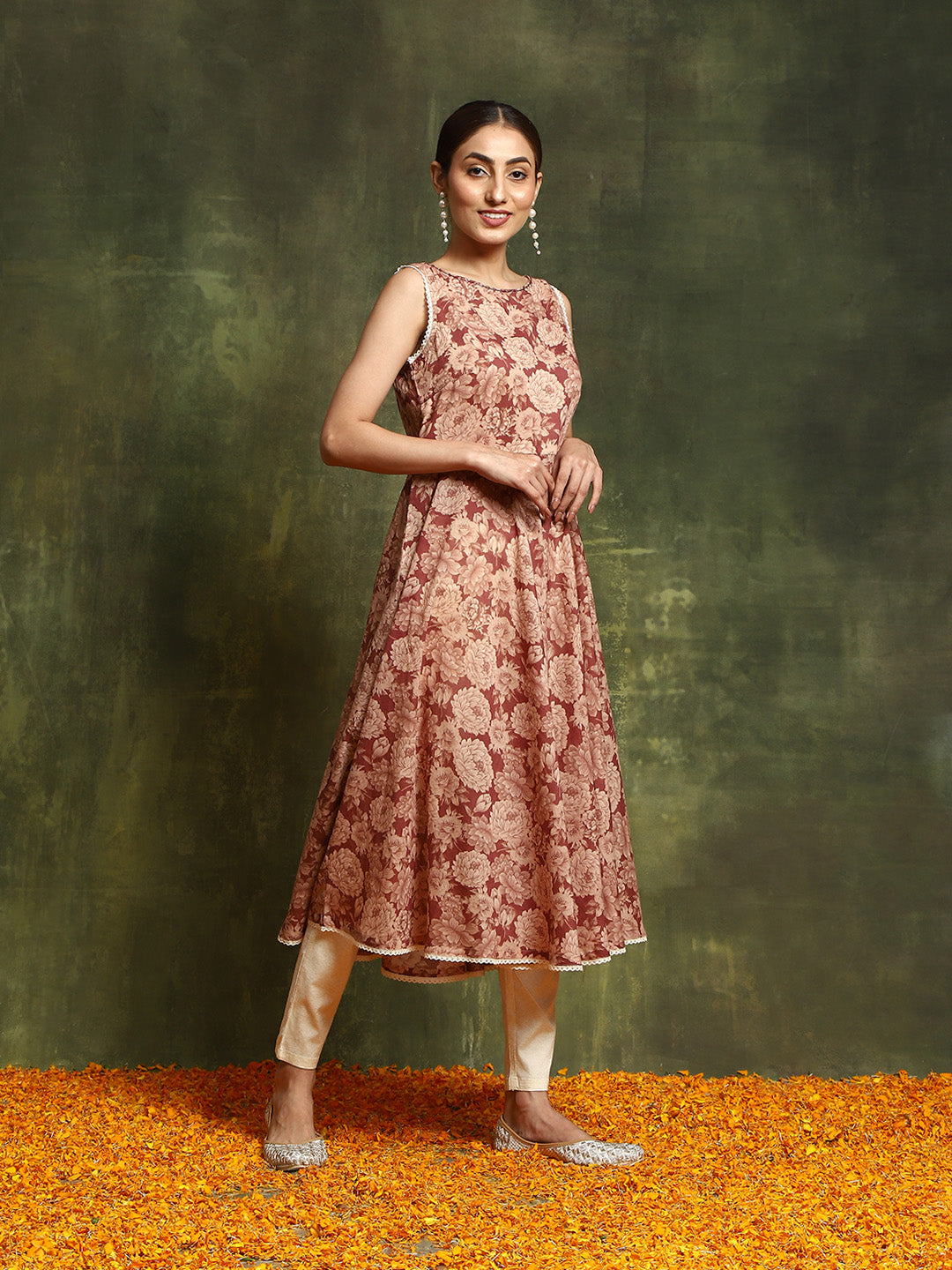 Beige & Rust Floral Print Anarkali - Elganza
