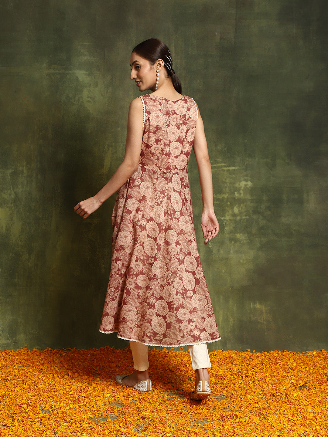 Beige & Rust Floral Print Anarkali - Elganza